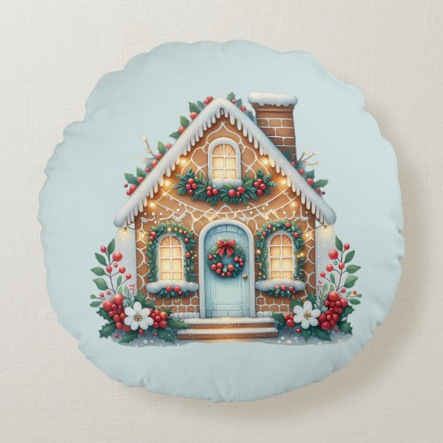 Cozy Gingerbread House Holiday Illustration Rond Kussen (Voorkant)