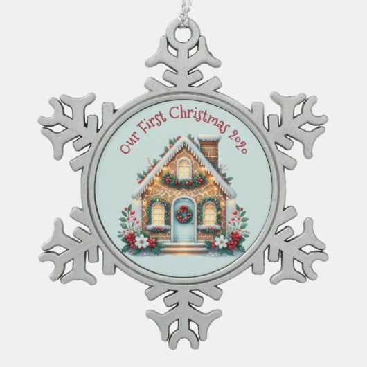 Cozy Gingerbread House Holiday Illustration Tin Sneeuwvlok Ornament (Voorkant)