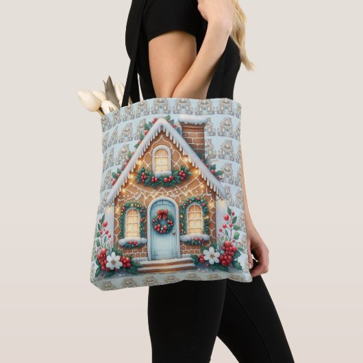 Cozy Gingerbread House Holiday Illustration Tote Bag (Dichtbij)