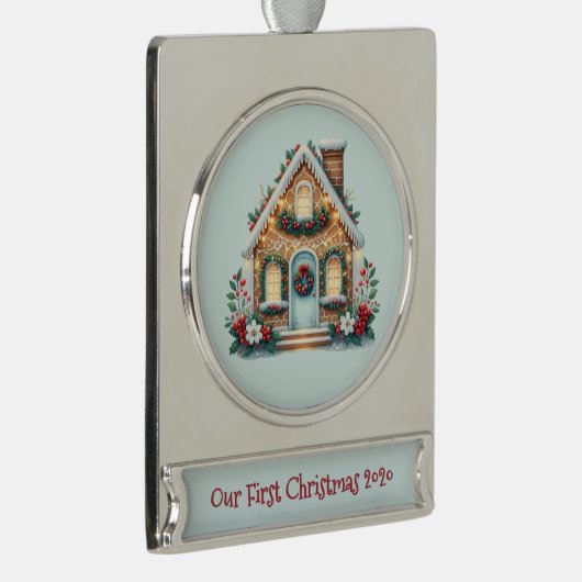 Cozy Gingerbread House Holiday Illustration Verzilverd Banner Ornament (Rechts)