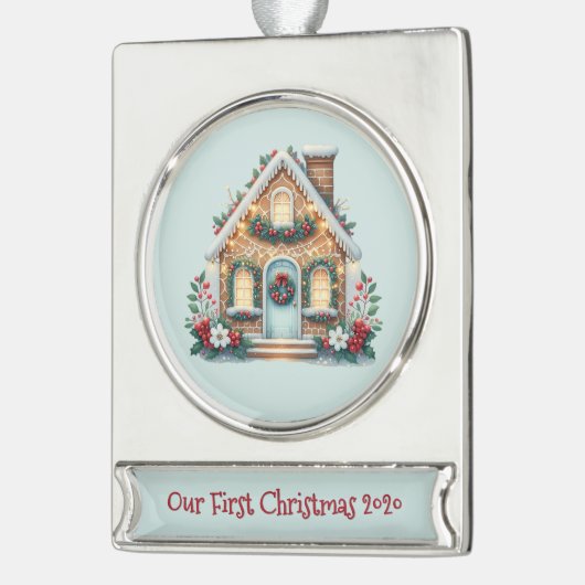 Cozy Gingerbread House Holiday Illustration Verzilverd Banner Ornament (Links)