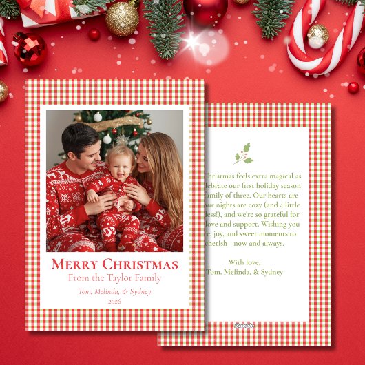 Cozy Gingham Christmas Card – Personalized Photo Feestdagenkaart