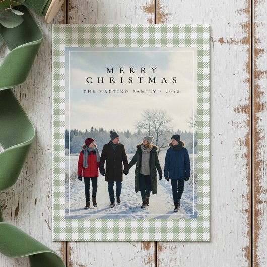 Cozy Gingham Modern Rustic Photo Christmas Card Feestdagenkaart