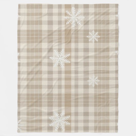 Cozy Gingham Snowflake Blanket – Beige & Taupe Fleece Deken (Voorkant)