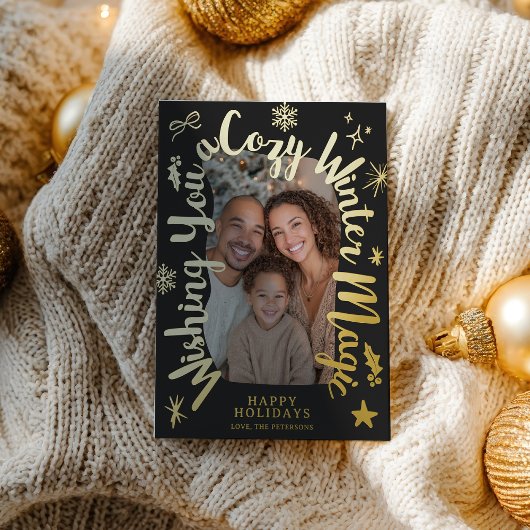 Cozy Gold Script Hand drawn Christmas Photo Folie Feestdagenkaart
