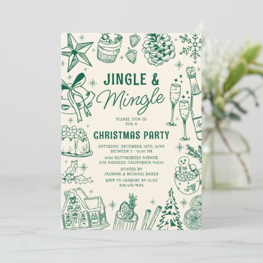 Cozy Green Doodle Christmas Party Kaart (Staand voorkant)