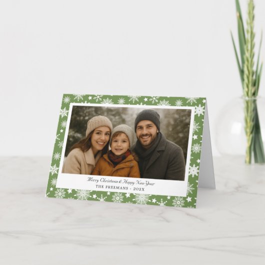 Cozy Green Snowflakes Christmas Photo Feestdagen Kaart (Voorkant)