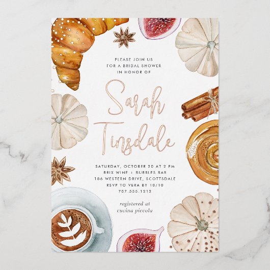 Cozy Herfst Vrijgezellenfeest Brunch Roos Gold Folie Uitnodiging (Voorkant)