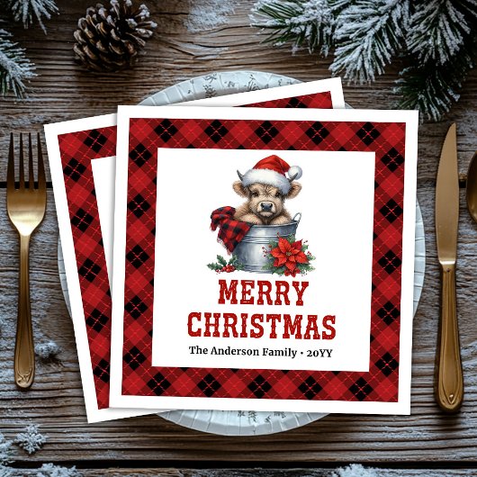 Cozy highland cow red black tartan holiday napkins servet