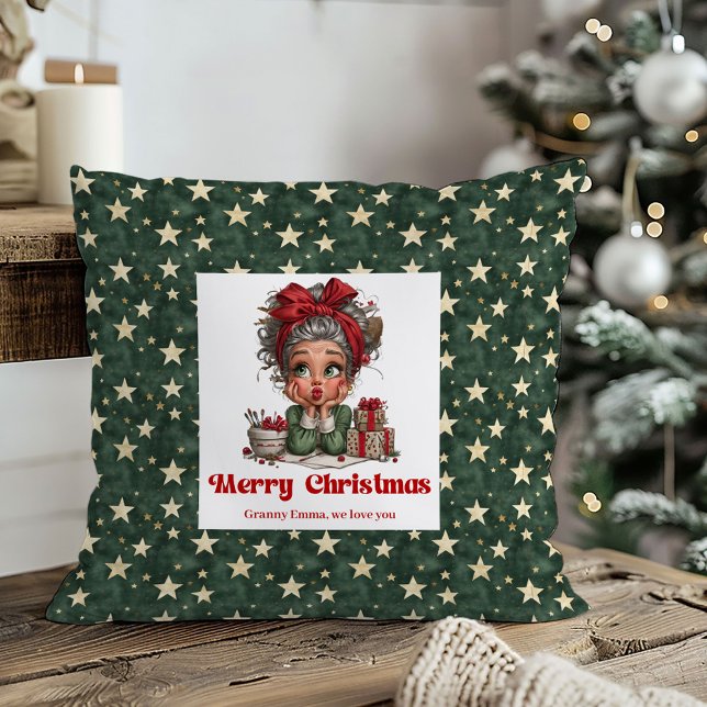Cozy Holiday Grandma Pillow Funny Cartoon Style Kussen (Whimsical Christmas Grandma Art Festive Pillow)