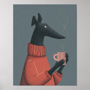 Cozy Hondenposter – Gestileerde Windhond met Mok Poster