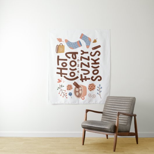 Cozy Hot Cocoa en Fuzzy Sokken Ontwerp Wandkleed (In situ)