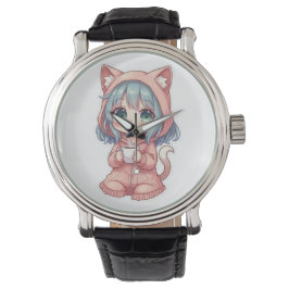 Cozy Kawaii Anime Girl with Cat Hoodie – Hot Drink Horloge