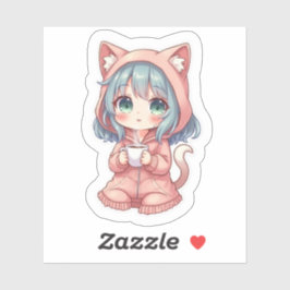 Cozy Kawaii Anime Girl with Cat Hoodie – Hot Drink Sticker
