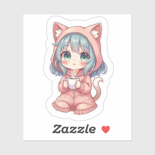 Cozy Kawaii Anime Girl with Cat Hoodie – Hot Drink Sticker (Vel)