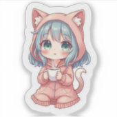 Cozy Kawaii Anime Girl with Cat Hoodie – Hot Drink Sticker (Voorkant)