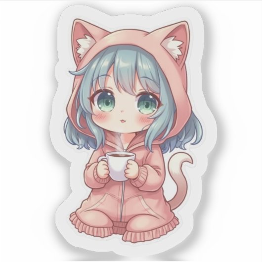 Cozy Kawaii Anime Girl with Cat Hoodie – Hot Drink Sticker (Voorkant)