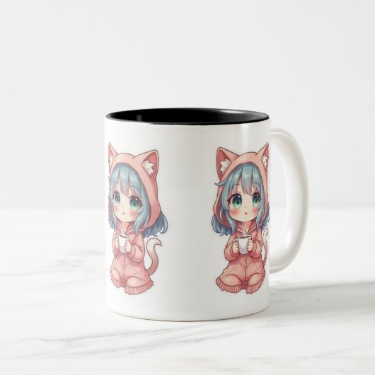 Cozy Kawaii Anime Girl with Cat Hoodie – Hot Drink Tweekleurige Koffiemok (Voorkant rechts)