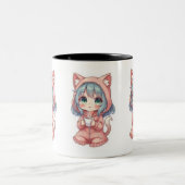 Cozy Kawaii Anime Girl with Cat Hoodie – Hot Drink Tweekleurige Koffiemok (Center)