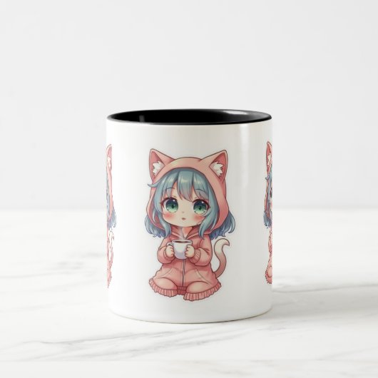 Cozy Kawaii Anime Girl with Cat Hoodie – Hot Drink Tweekleurige Koffiemok (Center)