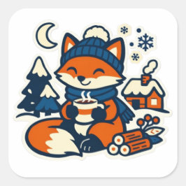 Cozy Kawaii Fox Drinking Cocoa in the Snow Vierkante Sticker