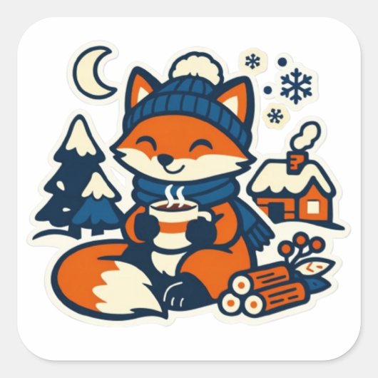 Cozy Kawaii Fox Drinking Cocoa in the Snow Vierkante Sticker (Voorkant)