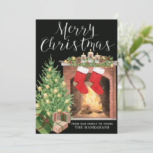 Cozy Kerstboom Fireplace Aangepaste feestdag Kaart (Staand voorkant)