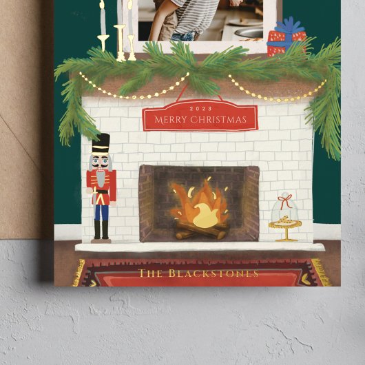 Cozy KerstFireplace Illustratie met foto Folie Feestdagenkaart