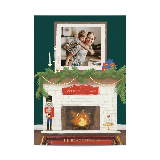 Cozy KerstFireplace Illustratie met foto Folie Feestdagenkaart