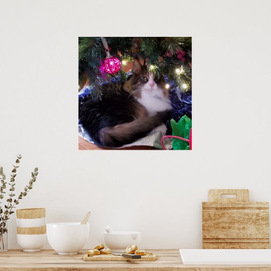 Cozy kerstkat onder boom poster (Keuken)