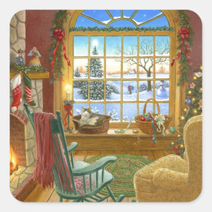 Cozy Kerstmis Living Room Vierkante Sticker