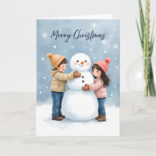 Cozy Kids Building a Snowman Blank Christmas Kaart (Voorkant)