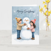 Cozy Kids Building a Snowman Blank Christmas Kaart (Gele Bloem)