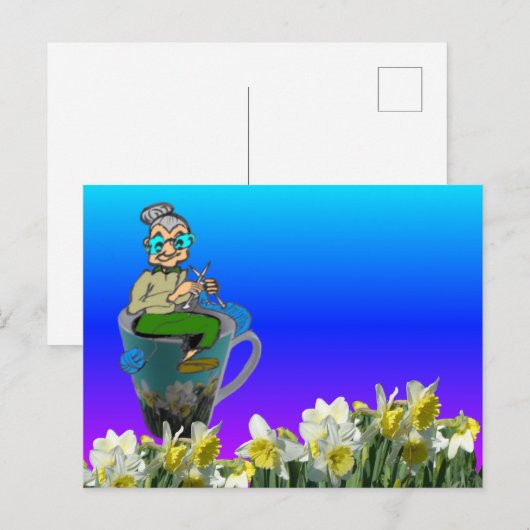 Cozy Knitting Woman op Daffodils Mok DIY Briefkaar Briefkaart (Voorkant / Achterkant)