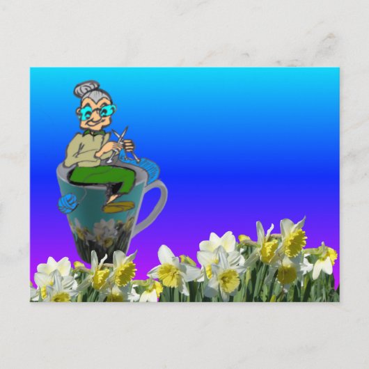 Cozy Knitting Woman op Daffodils Mok DIY Briefkaar Briefkaart (Voorkant)