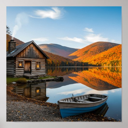 Cozy Log Cabin Fall Autumn Lake Reflection Poster (Voorkant)