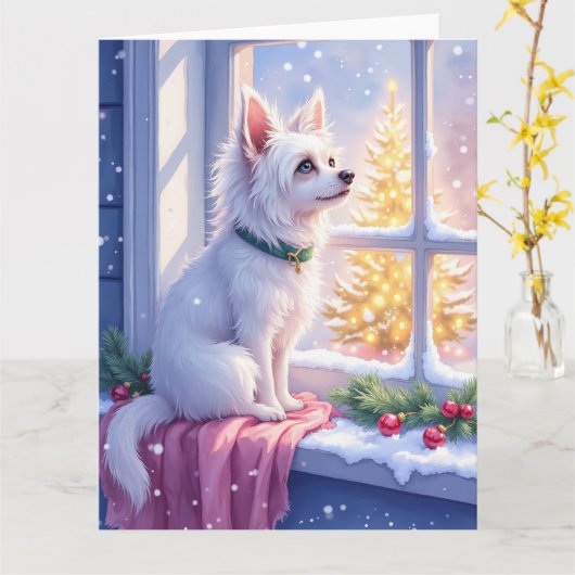 Cozy Maltese by Snowy Window Christmas Dog Art Kaart (Gele Bloem)