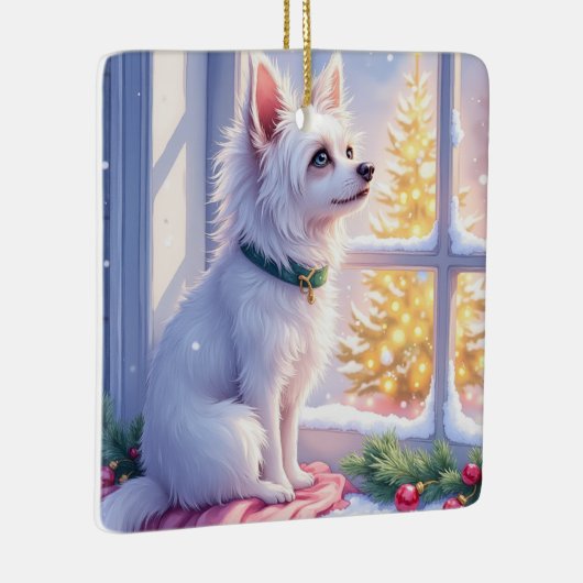 Cozy Maltese by Snowy Window Christmas Dog Art Keramisch Ornament (Rechts)
