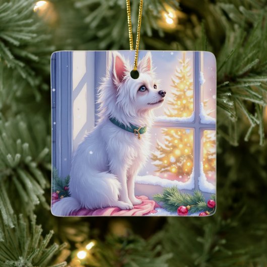 Cozy Maltese by Snowy Window Christmas Dog Art Keramisch Ornament (Boom)