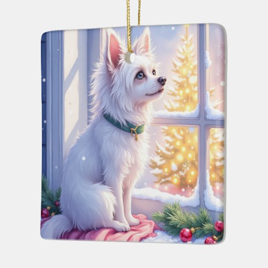 Cozy Maltese by Snowy Window Christmas Dog Art Keramisch Ornament (Links)