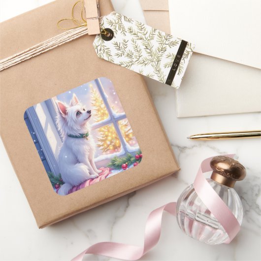 Cozy Maltese by Snowy Window Christmas Dog Art Vierkante Sticker (Geschenken)