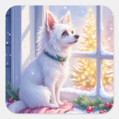 Cozy Maltese by Snowy Window Christmas Dog Art Vierkante Sticker (Voorkant)