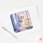 Cozy Maltese by Snowy Window Christmas Dog Art Vierkante Sticker (Envelop)