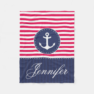 Cozy Nautical Red Anchor Aangepaste tekst Fleece Deken