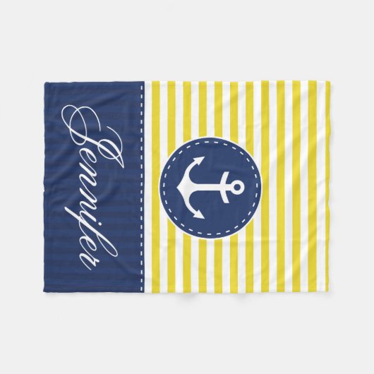 Cozy Nautical Yellow Blue Anchor Custom Text Fleece Deken (Voorkant (Horizontaal))