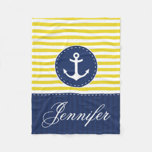 Cozy Nautical Yellow Blue Anchor Custom Text Fleece Deken
