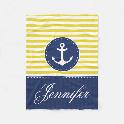 Cozy Nautical Yellow Blue Anchor Custom Text Fleece Deken (Voorkant)