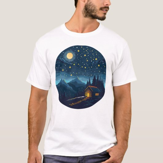 Cozy Night Cabin Under Starry Sky T-Shirt (Voorkant)