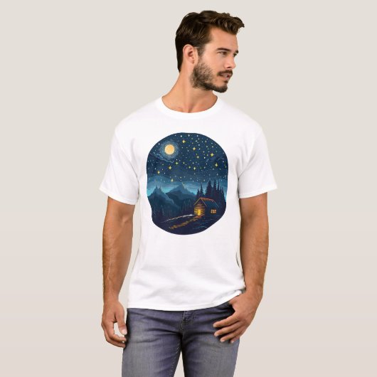 Cozy Night Cabin Under Starry Sky T-Shirt (Voorkant volledig)