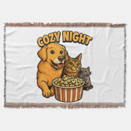 Cozy Night Movie Time – Cute Dog,Cat,Mouse Popcorn Deken